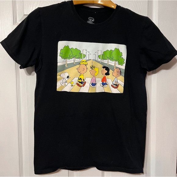 Peanuts Tops - Peanuts Snoopy Charlie Brown Abbey Road Parody Black Graphic T-Shirt Womens M